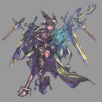  1girl blue_eyes character_request crossed_legs floating_swords glowing grey_background hat high_heels highres holding holding_sword holding_weapon invisible_chair kazama_raita magical_girl navel parted_lips simple_background sitting solo sword valkyrie_profile_anatomia weapon 