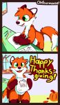  2019 absurd_res autumn brown_body brown_fur canid canine comic creating_art desk drawing english_text eraser food fox fruit fur furniture green_eyes hi_res holidays leaf mammal ohfourmouse orange_body orange_fur paper pencil_(object) plant pumpkin text thanksgiving tree white_body white_fur window 