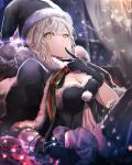  1girl 2019 artoria_pendragon_(all) black_gloves blonde_hair breasts cape character_request cleavage curtains dated fate/grand_order fate_(series) finger_to_mouth fur-trimmed_cape fur-trimmed_legwear fur_trim gloves hat highres hrs_1001 looking_at_viewer medium_breasts ribbon saber_alter santa_costume santa_hat solo twitter_username window yellow_eyes 