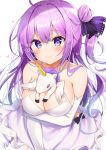  1girl absurdres ahoge artist_name azur_lane bangs bare_shoulders blush breast_hold breasts cleavage collarbone commentary_request cowboy_shot criss-cross_halter dress elbow_gloves gloves hair_bun hair_intakes hair_ribbon halterneck heart heart-shaped_pupils highres large_breasts long_hair looking_at_viewer nenobi_(nenorium) one_side_up purple_eyes purple_hair purple_ribbon ribbon signature simple_background smile solo standing stuffed_animal stuffed_toy stuffed_unicorn symbol-shaped_pupils translated unicorn_(azur_lane) white_background white_dress white_gloves 