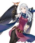  1girl bangs bare_shoulders belt bird black_gloves black_legwear black_wings blue_scarf book bracelet breasts brown_belt commentary_request cowboy_shot dress elbow_gloves feathered_wings fire_emblem fire_emblem:_radiant_dawn gloves hand_up highres holding holding_book jewelry jnsghsi long_hair medium_breasts micaiah_(fire_emblem) pantyhose parted_lips purple_dress scarf short_dress sidelocks silver_hair simple_background standing thighs white_background wings yellow_eyes yune_(fire_emblem) 