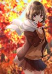 1girl absurdres arm_up autumn bangs blazer blurry blurry_background brown_eyes brown_hair brown_jacket brown_skirt contrapposto cowboy_shot day depth_of_field enpera highres holding holding_leaf jacket leaf light_particles long_sleeves maple_leaf open_clothes open_jacket original outdoors pleated_skirt scarf school_uniform shigure0730 short_hair skirt smile solo standing sweater symbol_commentary tree white_scarf wind wind_lift 