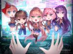  1boy 4girls :d :o artist_name bangs black_legwear blue_eyes blue_pants blue_skirt blush bow brown_eyes brown_hair brown_jacket chibi commentary commission d: doki_doki_literature_club english_commentary eyebrows_visible_through_hair eyes_visible_through_hair fang frown glitch green_eyes hair_bow hair_ornament hair_ribbon hairclip highres jacket keyboard_(computer) logo long_hair looking_at_viewer monika_(doki_doki_literature_club) monitor multiple_girls natsuki_(doki_doki_literature_club) necktie open_mouth pants pink_eyes pink_hair pleated_skirt ponytail potetos7 pov pov_hands protagonist_(doki_doki_literature_club) purple_eyes purple_hair red_bow red_neckwear ribbon sayori_(doki_doki_literature_club) school_uniform short_hair skin_fang skirt sleeve_tug smile thighhighs through_screen two_side_up very_long_hair white_ribbon yuri_(doki_doki_literature_club) 