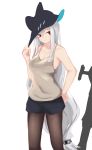  1girl arknights bangs bare_arms bare_shoulders black_headwear black_shorts breasts brown_legwear brown_tank_top cleavage closed_mouth collarbone grey_hair hair_between_eyes hair_ornament hand_on_headwear hand_on_hip hand_up hat highres inniyik legwear_under_shorts long_hair looking_at_viewer medium_breasts pantyhose red_eyes short_shorts shorts simple_background skadi_(arknights) solo tank_top very_long_hair white_background 