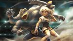  1girl abs absurdres bangs black_gloves black_ribbon blue_eyes blurry blurry_background bodysuit_under_clothes breasts closed_mouth covered_navel crop_top dark_skin dust_cloud extra_arms feet_out_of_frame fighting_stance floating_hair frown gen_1_pokemon gloves grey_hair gym_leader hair_between_eyes hair_ribbon hairband highres indoors machamp partly_fingerless_gloves poke_ball_symbol pokemon pokemon_(creature) pokemon_(game) pokemon_swsh polo_shirt ribbon saitou_(pokemon) shirt short_hair short_sleeves shorts sideways_glance single_glove small_breasts squatting t@kuyoa tied_shirt wristband 