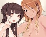  2girls :d bangs black_eyes black_hair blonde_hair breasts brown_eyes brown_hair cleavage idolmaster idolmaster_shiny_colors izumi_mei looking_at_viewer mayuzumi_fuyuko multiple_girls nude open_mouth smile sunaba_suzume sweat two_side_up v 