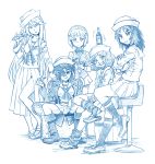  5girls \n/ arm_support armchair bangs barrel bartender bbb_(friskuser) beer_bottle blonde_hair blouse blue_theme blunt_bangs blush_stickers boots bow bowtie chair closed_mouth coat cocktail_shaker commentary crossed_arms crossed_legs curly_hair cutlass_(girls_und_panzer) dixie_cup_hat dress_shirt eyebrows_visible_through_hair eyes_visible_through_hair flint_(girls_und_panzer) foot_up from_side frown girls_und_panzer grin hair_bow handkerchief hat hat_feather head_tilt highres holding holding_microphone knee_boots leaning_to_the_side light_frown loafers long_hair long_skirt long_sleeves looking_at_viewer loose_socks maid_headdress microphone military_hat miniskirt monochrome motion_lines multiple_girls murakami_(girls_und_panzer) neckerchief ogin_(girls_und_panzer) ooarai_naval_school_uniform open_clothes open_coat open_mouth pipe pleated_skirt print_legwear rum_(girls_und_panzer) sailor sailor_collar school_uniform shirt shoe_dangle shoes short_hair side_slit single_vertical_stripe sitting skirt sleeves_rolled_up smile socks standing tilted_headwear vest wing_collar 