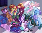  2019 alternate_hairstyle arthropod bed bedding blanket broken_horn brush changeling clothed clothed_feral clothing cozy_glow_(mlp) digital_media_(artwork) dstears equestria_girls equid equine eyelashes eyes_closed feathered_wings feathers female feral food food_in_mouth friendship_is_magic furniture glowing group hair hairbrush hi_res horn inside legwear magic makeup mammal my_little_pony my_little_pony_the_movie on_bed open_mouth pajamas pattern_clothing pattern_legwear phone pillow pizza ponytail princess_luna_(mlp) pterippus queen_chrysalis_(mlp) smile socks starlight_glimmer_(mlp) striped_clothing striped_legwear striped_socks stripes sunset_shimmer_(eg) tempest_shadow_(mlp) trixie_(mlp) twilight_sparkle_(mlp) unicorn winged_unicorn wings 
