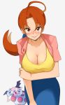  1girl ahoge blue_skirt blush breasts brown_eyes brown_hair cleavage eyebrows_visible_through_hair gen_1_pokemon hanako_(pokemon) highres large_breasts leaning_forward lips looking_at_viewer mature memorinn mr._mime parted_lips pencil_skirt pokemon pokemon_(anime) pokemon_(classic_anime) ponytail simple_background skirt smile white_background 