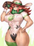  1girl abs breasts brown_hair cameltoe covered_nipples freckles fumio_(rsqkr) genderswap genderswap_(mtf) gloves green_legwear hand_on_hip hat highres large_breasts long_hair looking_at_viewer muscle muscular_female no_nose pokemon pokemon_(game) pokemon_swsh single_glove single_thighhigh smile solo thick_thighs thighhighs thighs wide_hips yarrow_(pokemon) 