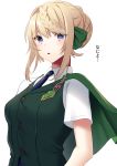  1girl :o bangs blonde_hair blue_neckwear blush braid braided_bun cape emblem green_cape green_ribbon green_vest hair_between_eyes hair_bun hair_ribbon highres kantai_collection mizuki_eiru_(akagi_kurage) necktie perth_(kantai_collection) purple_eyes ribbon shirt short_hair_with_long_locks short_sleeves sidelocks simple_background solo upper_body vest white_background white_shirt 