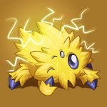  1:1 2019 ambiguous_gender blue_eyes digital_drawing_(artwork) digital_media_(artwork) electricity fur hi_res joltik looking_at_viewer nintendo one_eye_closed pok&eacute;mon pok&eacute;mon_(species) ravencourse simple_background solo tan_background video_games wink yellow_body yellow_fur 