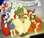  anthro balloon banner birthday_hat bottle bow_tie cup eyewear furniture glasses holidays legendary_pok&eacute;mon lyan_the_lycanroc lycanroc mc_morrales midnight_lycanroc movie_night muscular necktie new_year nintendo pok&eacute;mon pok&eacute;mon_(species) red_eyes rockruff rockruff_(mc_morrales) sitting sleeping sofa soleo_the_solgaleo solgaleo television tyler_the_lycanroc video_games 