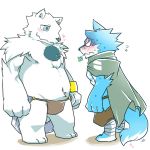  &lt;3 1:1 2019 anthro asian_clothing belly blue_body blue_fur blush canid canine canis clawlion clothing duo east_asian_clothing fundoshi fur japanese_clothing male mammal navel overweight overweight_male simple_background underwear white_body white_fur wolf 