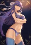  1girl bangs bare_shoulders blue_bra blue_eyes blue_legwear blue_panties blunt_bangs blush bra breasts cleavage closed_mouth crossed_arms fate/grand_order fate_(series) gradient gradient_background hair_ribbon highres large_breasts long_hair looking_at_viewer mashuu_(neko_no_oyashiro) navel panties purple_hair ribbon saint_martha smile solo straight_hair thighhighs underwear white_ribbon 