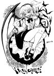  1girl bat_wings black_footwear blackcat_(pixiv) bow dated dress english_text eyebrows_visible_through_hair fangs flower frilled frills greyscale hair_bow kurumi_(touhou) long_hair looking_at_viewer monochrome puffy_sleeves ribbon rose shoes skirt smile socks solo touhou touhou_(pc-98) vest wings 