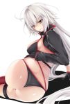  1girl ass back bangs bikini black_bikini black_gloves breasts chocomint725 eyebrows_visible_through_hair fate/grand_order fate_(series) gloves grey_hair hair_between_eyes highres jacket jeanne_d&#039;arc_(alter_swimsuit_berserker) jeanne_d&#039;arc_(fate)_(all) long_hair looking_at_viewer sitting solo swimsuit thigh_strap very_long_hair yellow_eyes 