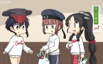  3girls alternate_costume asymmetrical_hair bag black_hair blue_headwear blue_pants brown_eyes clothes_writing commentary_request cowboy_shot dated groceries hair_between_eyes hair_tie hamu_koutarou hat high_ponytail highres i-13_(kantai_collection) indoors kantai_collection logo long_hair long_sleeves multi-tied_hair multiple_girls namesake nisshin_(kantai_collection) nissin pants plastic_bag red_pants red_ribbon ribbon sailor_hat short_eyebrows short_hair spring_onion sweater thick_eyebrows track_pants very_long_hair white_sweater z3_max_schultz_(kantai_collection) 