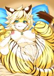  2018 anthro blonde_hair blush bodily_fluids breasts cum felid female full_bokko_heroes_x genital_fluids hair hi_res mammal megane_inu pantherine pussy solo striped_body stripes tiger zhang_fei_(full_bokko_heroes_x) zhang_fei_(fullbokko_heroes) 