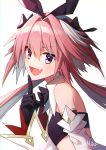  1boy artist_name astolfo_(fate) astolfo_(saber)_(fate) bangs bare_shoulders black_bow black_gloves black_ribbon blush bow bowtie commentary_request eyebrows_visible_through_hair fang fate/grand_order fate_(series) from_side gloves hair_bow hair_intakes hair_ribbon long_hair long_sleeves looking_at_viewer multicolored_hair otoko_no_ko pink_hair purple_eyes ribbon simple_background solo streaked_hair twintails white_background white_hair yuuhi_mika 