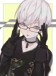  1boy belt bespectacled black_coat black_gloves choker collarbone commentary_request dutch_angle glasses gloves grey_eyes hands_up highres kirudai long_sleeves looking_at_viewer nier_(series) nier_automata no_blindfold open_mouth solo tsurime upper_body white_hair yellow_background yorha_no._9_type_s 