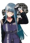  1girl bangs blue_hair blunt_bangs breasts buttons closed_mouth clothes_writing eyebrows_visible_through_hair facial_mark girls_frontline gloves green_eyes highres hk416_(girls_frontline) iron_cross jacket kojima_(blue_stardust) long_hair long_sleeves multicolored multicolored_clothes multicolored_gloves no_hat no_headwear signature simple_background solo teardrop thought_bubble upper_body white_background 