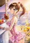  1girl :o ass bangs bare_shoulders beach blush bottle bow bracelet breasts brown_hair casual_one-piece_swimsuit choker coconut commentary_request cowboy_shot cup earrings evening flower frilled_swimsuit frills from_side gradient_sky hair_bow heart heart_choker hibiscus holding holding_cup horizon idolmaster idolmaster_shiny_colors jewelry light_rays long_hair looking_at_viewer looking_to_the_side medium_breasts ocean one-piece_swimsuit parted_lips pink_bow ponytail red_eyes sky solo sonoda_chiyoko striped sunbeam sunlight swimsuit takeashiro vertical-striped_swimsuit vertical_stripes water white_choker 