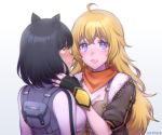  2girls :d ahoge animal_ears black_gloves black_hair blake_belladonna blonde_hair blue_eyes blush breasts cat_ears cleavage eye_contact fingerless_gloves gloves kio_rojine long_hair looking_at_another medium_breasts medium_hair multiple_girls open_mouth rwby shiny shiny_hair short_sleeves simple_background smile upper_body very_long_hair white_background yang_xiao_long yellow_eyes 