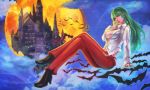  1girl above_clouds alternate_costume bat black_footwear black_panties boots breasts castle cleavage cloud cloudy_sky collared_shirt crossed_legs denim finger_to_mouth fingernails floating full_moon green_eyes green_hair green_nails jeans large_breasts light_smile long_hair looking_at_viewer medium_breasts midriff monori_rogue moon morrigan_aensland navel night night_sky no_bra nose nostrils open_clothes open_collar open_shirt panties pants partially_unbuttoned pink_lips popped_collar red_moon red_pants shirt sitting sky solo thong unbuttoned unbuttoned_shirt underwear vampire_(game) white_shirt 