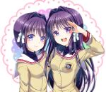  2girls :d aoi_(kiyokiyoaomushi) bangs beige_cardigan blue_eyes blue_sweater clannad closed_mouth eyebrows_visible_through_hair fujibayashi_kyou fujibayashi_ryou hair_between_eyes hair_intakes long_hair long_sleeves looking_at_viewer multiple_girls open_mouth purple_eyes purple_hair sailor_collar salute shiny shiny_hair short_hair siblings sisters smile standing sweater turtleneck turtleneck_sweater upper_body very_long_hair white_background white_sailor_collar 