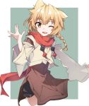  1girl animal_ears arm_up bangs blonde_hair braid brown_eyes commentary_request dress eyebrows_visible_through_hair fang hair_between_eyes ithea_myse_valgulious long_hair long_sleeves looking_at_viewer one_eye_closed open_mouth red_scarf scarf shorts shuumatsu_nani_shitemasu_ka? simple_background smile solo standing tsuedzu twin_braids two-tone_background 