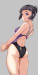  1girl aiuchi alternate_eye_color ass black_hair black_swimsuit braid braided_bun breasts competition_swimsuit cowboy_shot from_behind hair_bun highleg highleg_swimsuit highres kantai_collection medium_breasts multicolored multicolored_clothes multicolored_swimsuit myoukou_(kantai_collection) one-piece_swimsuit purple_eyes purple_swimsuit shoulder_blades solo standing swimsuit 