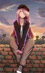  1girl bangs black_cardigan brown_eyes brown_pants can casual closed_mouth collarbone earrings evening highres holding holding_can jewelry jojobirdz little_witch_academia long_hair long_sleeves outdoors pants parted_bangs pink_hair shoes sitting sneakers solo sucy_manbavaran unzipped very_long_hair 