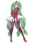  1girl absurdres ass_visible_through_thighs bangs blush boots eyebrows_visible_through_hair full_body gloves green_hair harigane_shinshi high_collar high_heels highres leotard long_hair looking_at_viewer personification pokemon red_eyes shiny shiny_clothes showgirl_skirt solo standing thigh_boots thighhighs tri_tails tsareena very_long_hair white_background 