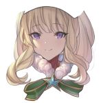  1girl bangs betabeet blonde_hair cagliostro_(granblue_fantasy) closed_mouth commentary eyebrows_visible_through_hair fur_collar granblue_fantasy green_ribbon highres long_hair looking_at_viewer portrait purple_eyes ribbon sidelocks simple_background smile solo star white_background 