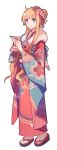  1girl :d absurdres ahoge bangs blue_eyes blush braid crown_braid eiyuu_densetsu floral_print full_body fur_trim furisode highres japanese_clothes kimono lanlanlu_(809930257) open_mouth print_kimono red_kimono sen_no_kiseki sidelocks smile solo tabi tita_russell transparent_background white_legwear 