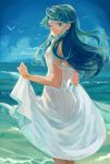  1girl areazero bangs bird blue_eyes blue_hair blue_sky closed_mouth day dress floating_hair from_behind go!_princess_precure kaidou_minami long_hair looking_at_viewer looking_back ocean outdoors precure skirt_hold sky sleeveless sleeveless_dress smile solo standing sundress swept_bangs very_long_hair white_dress 