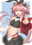  1boy :d absurdres animal_ears astolfo_(fate) astolfo_(saber)_(fate) bangs bare_shoulders black_bow black_neckwear black_skirt blue_background border bow bowtie bunny_ears commentary_request cowboy_shot crop_top detached_sleeves eyebrows_visible_through_hair fake_animal_ears fang fate/grand_order fate_(series) hair_between_eyes hair_bow hair_intakes highres long_hair long_sleeves male_focus midriff miniskirt multicolored_hair navel open_mouth otoko_no_ko outside_border phano_(125042) pleated_skirt purple_eyes simple_background skin_fang skirt smile standing stomach streaked_hair v very_long_hair white_border white_hair wide_sleeves 