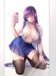  1girl areola_slip areolae artist_name bandaid bandaid_on_arm bangs black_legwear blue_skirt blurry blush breasts cellphone collarbone commentary doki_doki_literature_club dress_shirt eyebrows_visible_through_hair hair_between_eyes hair_ornament hairclip highres kneeling large_breasts leaning_to_the_side lips long_hair looking_at_viewer open_clothes open_shirt phone pleated_skirt potetos7 purple_eyes purple_hair purple_nails self_shot shirt short_sleeves skirt smartphone solo sweat symbol_commentary thighhighs very_long_hair white_shirt x_hair_ornament yuri_(doki_doki_literature_club) 