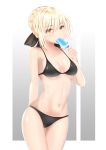  1girl arm_behind_back artoria_pendragon_(all) ass_visible_through_thighs bangs bikini black_bikini black_bow blonde_hair bow braid breasts cleavage collarbone cowboy_shot crown_braid eyebrows_visible_through_hair fate/stay_night fate_(series) food hair_between_eyes hair_bow highres holding holding_food looking_at_viewer medium_breasts navel popsicle saber_alter short_hair sideboob solo standing swimsuit thigh_gap underboob user_vjpu3345 white_background yellow_eyes 