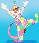  2019 anthro blue_background brown_eyes buckteeth clothed clothing clown digital_drawing_(artwork) digital_media_(artwork) glistening gradient_background hat headgear headwear hornbuckle long_tail looking_at_viewer male mammal murid murine open_mouth overalls rat rodent rubber rupert_(valleydee) simple_background smile solo teeth tongue 