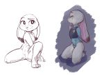  2019 anthro blush bulletproof_vest clothed clothing dipstick_ears disney eyebrows eyes_closed female hands_behind_back ittybittykittytittys judy_hopps kneeling lagomorph leporid mammal multicolored_ears nude police_uniform pussy rabbit raised_eyebrow simple_background sitting smile solo uniform white_background zootopia 