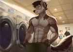  2019 abs anthro black_nose brown_body brown_fur brown_hair canid canine canis clothed clothing detailed_background domestic_dog female fingers fur hair koul male mammal nude smile 