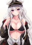  1girl absurdres azur_lane bare_shoulders belt black_bra black_coat black_skirt bra breasts buttons cleavage coat collarbone dress_shirt enterprise_(azur_lane) halterneck hand_up hat highres large_breasts long_hair long_sleeves looking_at_viewer military military_uniform navel off_shoulder open_clothes open_coat open_shirt parted_lips partially_unbuttoned peaked_cap purple_eyes ryara_vivi shirt silver_hair simple_background skirt sleeveless sleeveless_shirt solo strap_pull underwear uniform upper_body white_background white_headwear white_shirt 