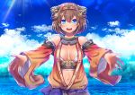  1girl :d bare_shoulders blue_eyes blue_sky breasts brown_hair dark_skin detached_sleeves eyebrows_visible_through_hair large_breasts looking_at_viewer navel open_clothes open_mouth orange_sleeves oshiro_project oshiro_project_re outstretched_arms short_hair shuri_(oshiro_project) sky smile solo spread_arms suou_sakura upper_body 