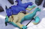  2019 abs anthro balls biceps blue_body blue_scales bodily_fluids claws cum cum_on_chest cum_on_self cumshot dragon duo ejaculation erection eye_patch eyewear feet fffffolder genital_fluids horn humanoid_penis jewelry kissing lying male male/male melee_weapon muscular muscular_male necklace nipples nude on_back orgasm outside pecs penis polearm quads scales scalie scar snow spear triceps vein veiny_penis weapon 
