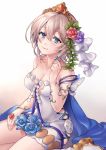  1girl bangs bare_shoulders blue_cape blue_eyes blue_flower blue_rose boots breasts brown_hair cape cleavage closed_mouth dress europa_(granblue_fantasy) eyebrows_visible_through_hair flower granblue_fantasy hair_between_eyes hair_flower hair_ornament hand_up highres long_hair looking_at_viewer medium_breasts petals purple_flower purple_rose red_flower red_rose rose rose_petals shiao sitting smile solo strapless strapless_dress tiara wariza white_background white_dress white_footwear 