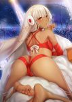 1girl altera_(fate) altera_the_santa ass back bangs bare_shoulders barefoot blush bra breasts dark_skin detached_sleeves earmuffs fake_facial_hair fate/grand_order fate_(series) feet highres looking_at_viewer open_mouth parted_lips red_bra red_eyes short_hair silver_hair soles solo tawagoto_dukai_no_deshi toes underwear veil white_mittens 