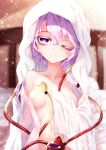  1girl areolae breasts closed_mouth collarbone eyeball eyebrows_visible_through_hair hair_between_eyes highres komeiji_satori lavender_hair looking_at_viewer medium_breasts navel nomayo one_eye_closed purple_eyes short_hair solo third_eye touhou upper_body veil 