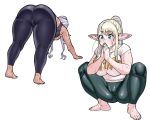  2girls all_fours aqua_eyes ass barefoot blonde_hair breasts cameltoe dark_skin elf-san_wa_yaserarenai. erufuda-san highres kuroeda-san large_breasts long_hair multiple_girls pointy_hat ponytail silver_hair simple_background squatting sweat synecdoche thick_thighs thighs toes white_background 